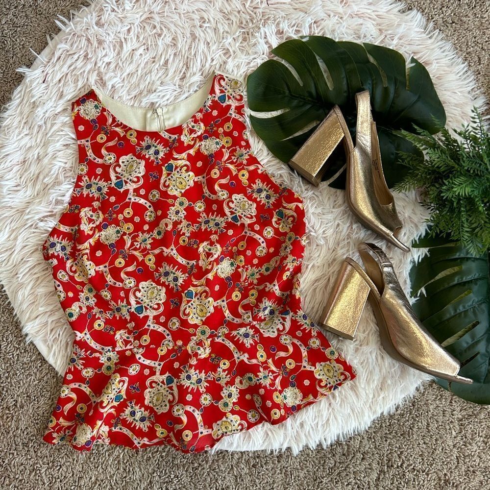 Anthropologie Under Skies Red Gold Colorful Jewelry Gem Print Peplum Blouse Sz S